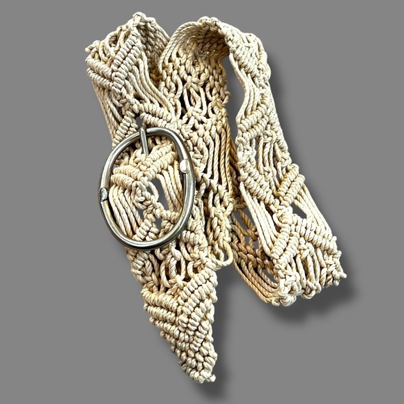Vintage Accessories - Vintage Macarame Belt Oval Metal Buckle Cotton Cord Boho Hippie Retro 39" Long